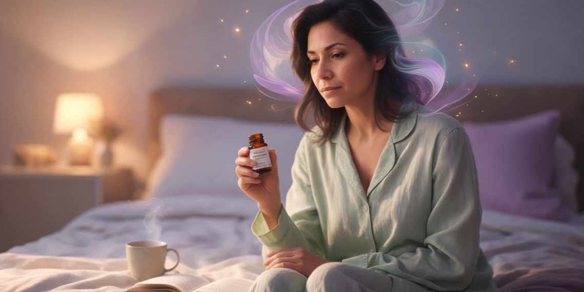 Una mujer en pijama de color verde claro sentada en la cama sostiene un pequeño frasco de suplemento herbal, acompañada de una taza humeante y un libro en una atmósfera de relajación.