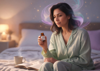 Una mujer en pijama de color verde claro sentada en la cama sostiene un pequeño frasco de suplemento herbal, acompañada de una taza humeante y un libro en una atmósfera de relajación.