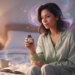 Una mujer en pijama de color verde claro sentada en la cama sostiene un pequeño frasco de suplemento herbal, acompañada de una taza humeante y un libro en una atmósfera de relajación.