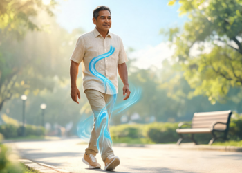 Un hombre maduro camina sonriente por un sendero pavimentado en un parque soleado, realizando una caminata ligera para regular los niveles de azúcar en sangre.