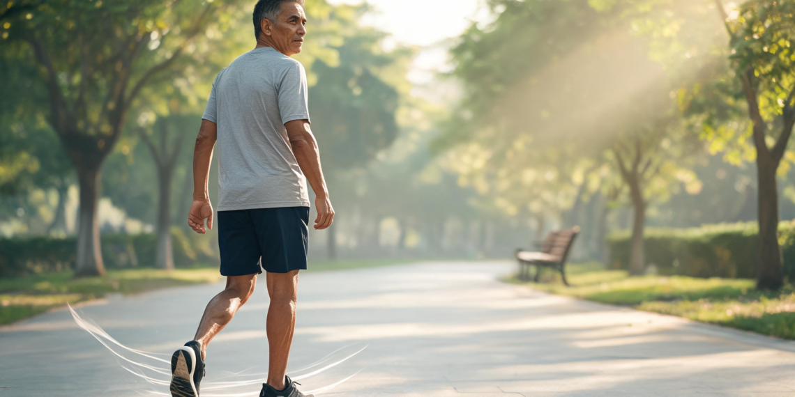 Un hombre maduro en ropa deportiva realiza el ejercicio de caminar hacia atrás por el sendero pavimentado de un parque arbolado, mirando de reojo sobre su hombro para guiar sus pasos con seguridad.