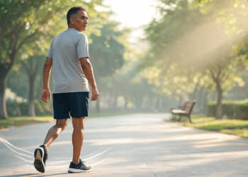 Un hombre maduro en ropa deportiva realiza el ejercicio de caminar hacia atrás por el sendero pavimentado de un parque arbolado, mirando de reojo sobre su hombro para guiar sus pasos con seguridad.