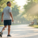 Un hombre maduro en ropa deportiva realiza el ejercicio de caminar hacia atrás por el sendero pavimentado de un parque arbolado, mirando de reojo sobre su hombro para guiar sus pasos con seguridad.