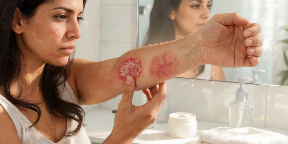Una mujer examina de cerca dos lesiones cutáneas rojizas distintas en su antebrazo, una de ellas una placa circular escamosa y la otra más difusa e inflamada, en un entorno de baño frente a un espejo, con una expresión de preocupación mientras toca la placa más escamosa.