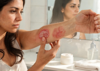 Una mujer examina de cerca dos lesiones cutáneas rojizas distintas en su antebrazo, una de ellas una placa circular escamosa y la otra más difusa e inflamada, en un entorno de baño frente a un espejo, con una expresión de preocupación mientras toca la placa más escamosa.