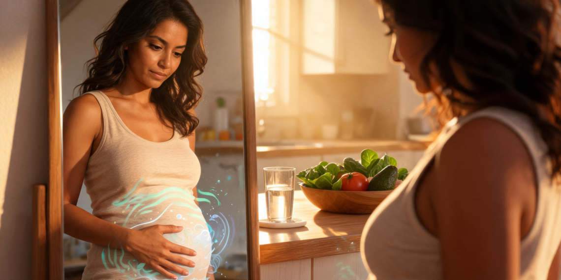 Una mujer se observa en el espejo de perfil mientras toca su vientre hinchado, reflejando preocupación, en un entorno doméstico donde se ve una mesa con una ensalada y un vaso de agua bajo una luz cálida de tarde.