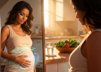 Una mujer se observa en el espejo de perfil mientras toca su vientre hinchado, reflejando preocupación, en un entorno doméstico donde se ve una mesa con una ensalada y un vaso de agua bajo una luz cálida de tarde.