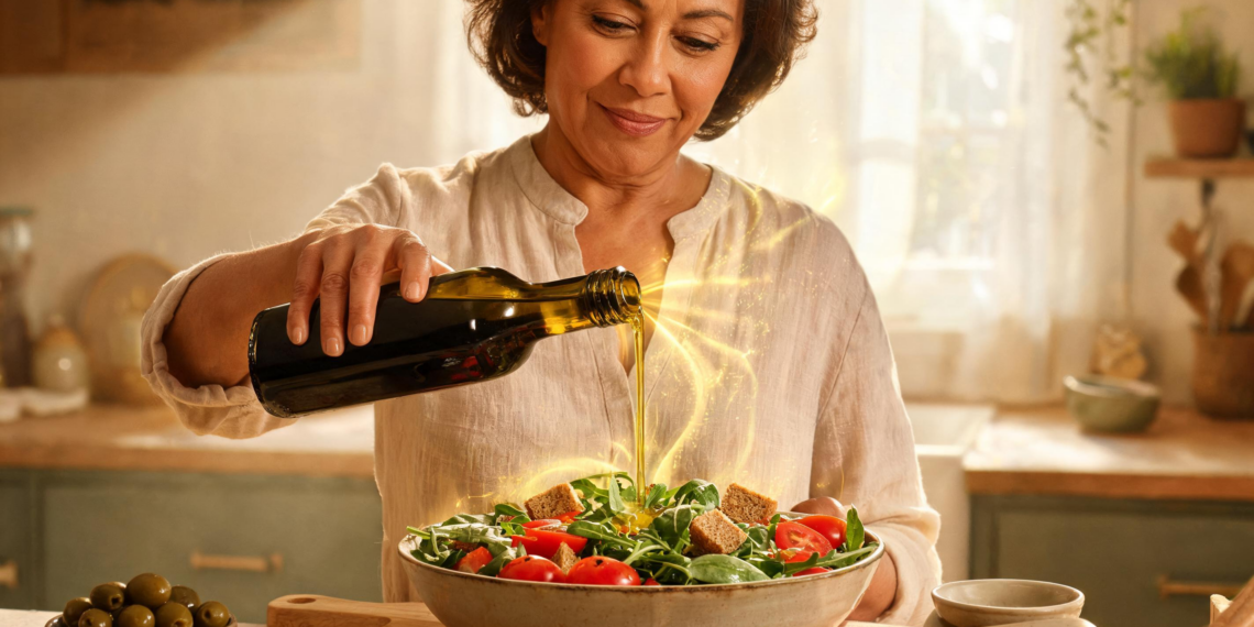 Una mujer vierte aceite de oliva virgen extra desde una botella de vidrio oscuro sobre una ensalada fresca en una cocina luminosa y de estilo rústico.