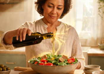 Una mujer vierte aceite de oliva virgen extra desde una botella de vidrio oscuro sobre una ensalada fresca en una cocina luminosa y de estilo rústico.