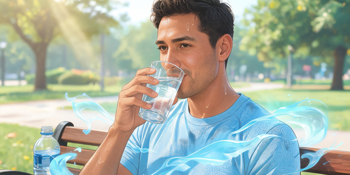 Un hombre con ropa deportiva y sudor en el rostro bebe un vaso de agua sentado en un banco de un parque soleado para hidratarse de forma efectiva.