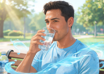Un hombre con ropa deportiva y sudor en el rostro bebe un vaso de agua sentado en un banco de un parque soleado para hidratarse de forma efectiva.