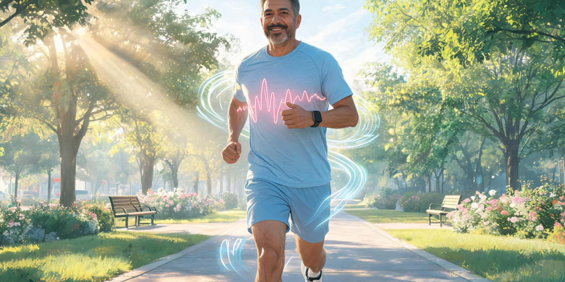 Un hombre maduro con ropa deportiva corre por un sendero arbolado en un parque bajo la luz del sol, con un gráfico luminoso de ritmo cardíaco sobre su pecho como símbolo de salud cardiovascular.