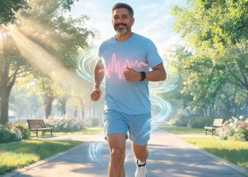 Un hombre maduro con ropa deportiva corre por un sendero arbolado en un parque bajo la luz del sol, con un gráfico luminoso de ritmo cardíaco sobre su pecho como símbolo de salud cardiovascular.