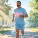 Un hombre maduro con ropa deportiva corre por un sendero arbolado en un parque bajo la luz del sol, con un gráfico luminoso de ritmo cardíaco sobre su pecho como símbolo de salud cardiovascular.