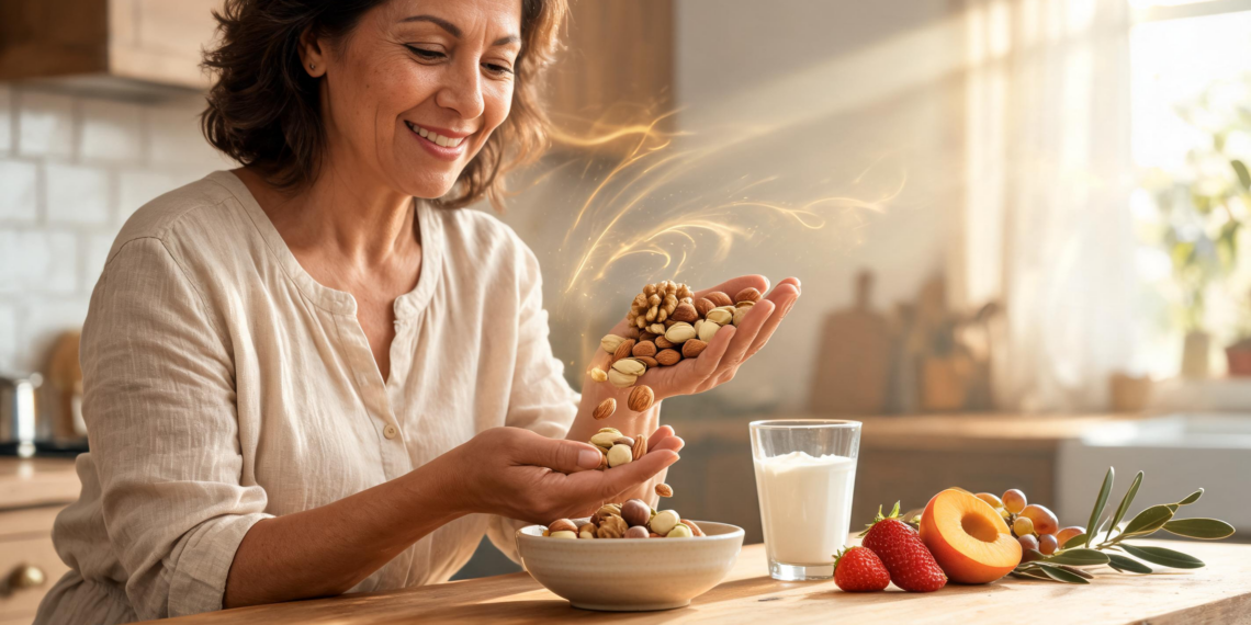Una mujer sonriente en una cocina vierte un puñado de frutos secos variados, como nueces y almendras, desde sus manos hacia un tazón de cerámica sobre una mesa de madera.