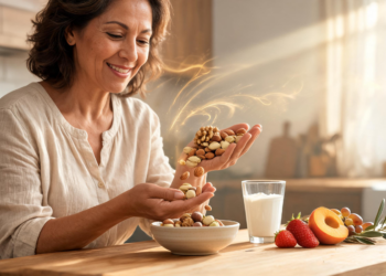Una mujer sonriente en una cocina vierte un puñado de frutos secos variados, como nueces y almendras, desde sus manos hacia un tazón de cerámica sobre una mesa de madera.
