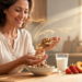Una mujer sonriente en una cocina vierte un puñado de frutos secos variados, como nueces y almendras, desde sus manos hacia un tazón de cerámica sobre una mesa de madera.