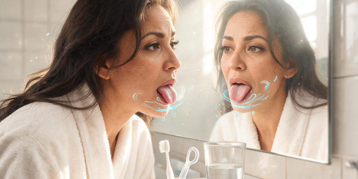 Una mujer en albornoz blanco se mira fijamente en el espejo del baño por la mañana mientras saca la lengua, la cual muestra una capa blanquecina, rodeada de gráficos abstractos de ondas de agua y partículas que sugieren sequedad o bacterias.