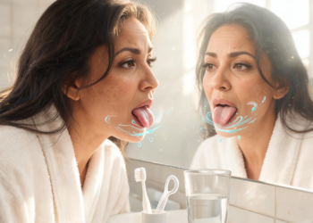 Una mujer en albornoz blanco se mira fijamente en el espejo del baño por la mañana mientras saca la lengua, la cual muestra una capa blanquecina, rodeada de gráficos abstractos de ondas de agua y partículas que sugieren sequedad o bacterias.