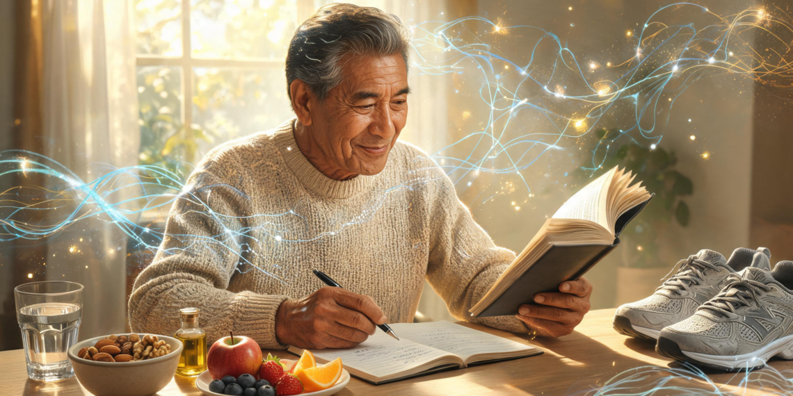 Un hombre mayor sonriente lee un libro y escribe en un cuaderno sobre una mesa con alimentos saludables como frutas, frutos secos y agua, junto a unas zapatillas deportivas, rodeado de líneas de luz brillantes que simulan conexiones neuronales.