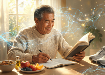 Un hombre mayor sonriente lee un libro y escribe en un cuaderno sobre una mesa con alimentos saludables como frutas, frutos secos y agua, junto a unas zapatillas deportivas, rodeado de líneas de luz brillantes que simulan conexiones neuronales.