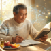 Un hombre mayor sonriente lee un libro y escribe en un cuaderno sobre una mesa con alimentos saludables como frutas, frutos secos y agua, junto a unas zapatillas deportivas, rodeado de líneas de luz brillantes que simulan conexiones neuronales.