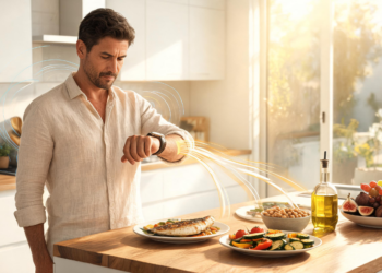 Un hombre con camisa de lino consulta la hora en su reloj de pulsera frente a una encimera de cocina donde se presentan platos con alimentos saludables, simbolizando la gestión del tiempo en la alimentación.