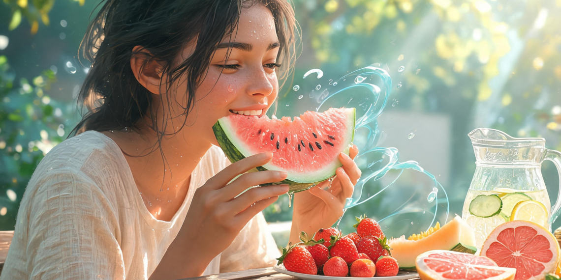 Mujer joven y sonriente comiendo una jugosa rebanada de sandía al aire libre, con gotas de agua y rodeada de fresas, pomelos, melón y una jarra de agua con cítricos sobre una mesa de madera rústica.