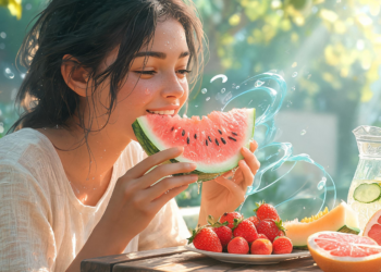 Mujer joven y sonriente comiendo una jugosa rebanada de sandía al aire libre, con gotas de agua y rodeada de fresas, pomelos, melón y una jarra de agua con cítricos sobre una mesa de madera rústica.