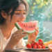 Mujer joven y sonriente comiendo una jugosa rebanada de sandía al aire libre, con gotas de agua y rodeada de fresas, pomelos, melón y una jarra de agua con cítricos sobre una mesa de madera rústica.