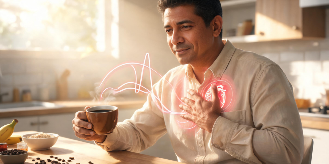 Un hombre sentado en una cocina soleada sostiene una taza de café humeante mientras se lleva la mano al pecho, donde se observa un gráfico luminoso de un latido cardíaco y la silueta de un corazón en tonos rojizos.