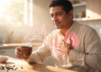 Un hombre sentado en una cocina soleada sostiene una taza de café humeante mientras se lleva la mano al pecho, donde se observa un gráfico luminoso de un latido cardíaco y la silueta de un corazón en tonos rojizos.
