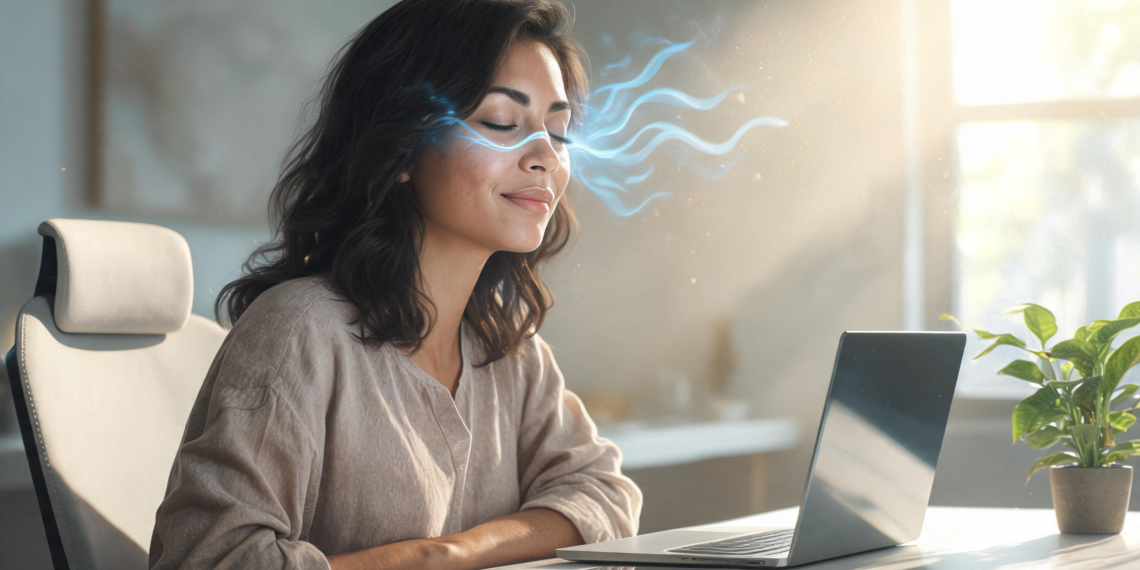 Una mujer sonriente sentada en su oficina con los ojos cerrados frente a un ordenador portátil, mientras unas ondas de luz azulada emanan de su mirada para simbolizar el descanso visual y el alivio de la fatiga.