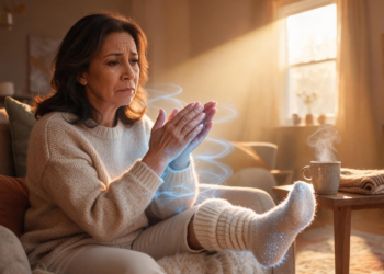 Mujer sentada en un sofá frotándose las manos y usando calcetines gruesos en una sala de estar, ilustrando la sensación constante de extremidades congeladas.