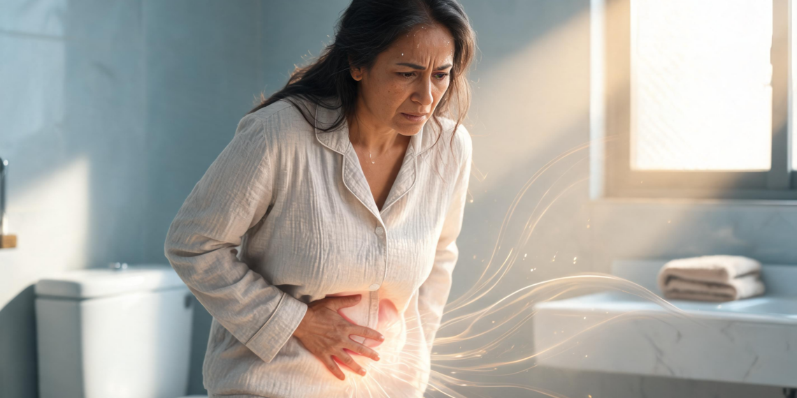 Mujer adulta en un baño sosteniéndose el abdomen inferior con expresión de dolor y malestar pélvico, acompañada de un efecto visual luminoso en la zona del vientre que representa síntomas urinarios como la cistitis.