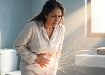 Mujer adulta en un baño sosteniéndose el abdomen inferior con expresión de dolor y malestar pélvico, acompañada de un efecto visual luminoso en la zona del vientre que representa síntomas urinarios como la cistitis.