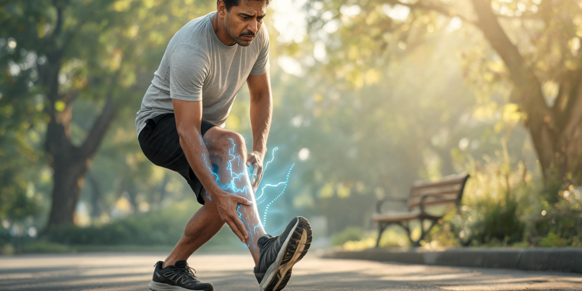 Hombre haciendo ejercicio en un parque deteniéndose bruscamente debido a un dolor intenso en la pantorrilla, con líneas eléctricas azules que representan un problema vascular periférico.