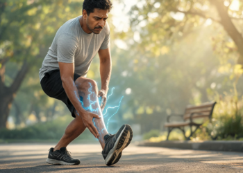 Hombre haciendo ejercicio en un parque deteniéndose bruscamente debido a un dolor intenso en la pantorrilla, con líneas eléctricas azules que representan un problema vascular periférico.