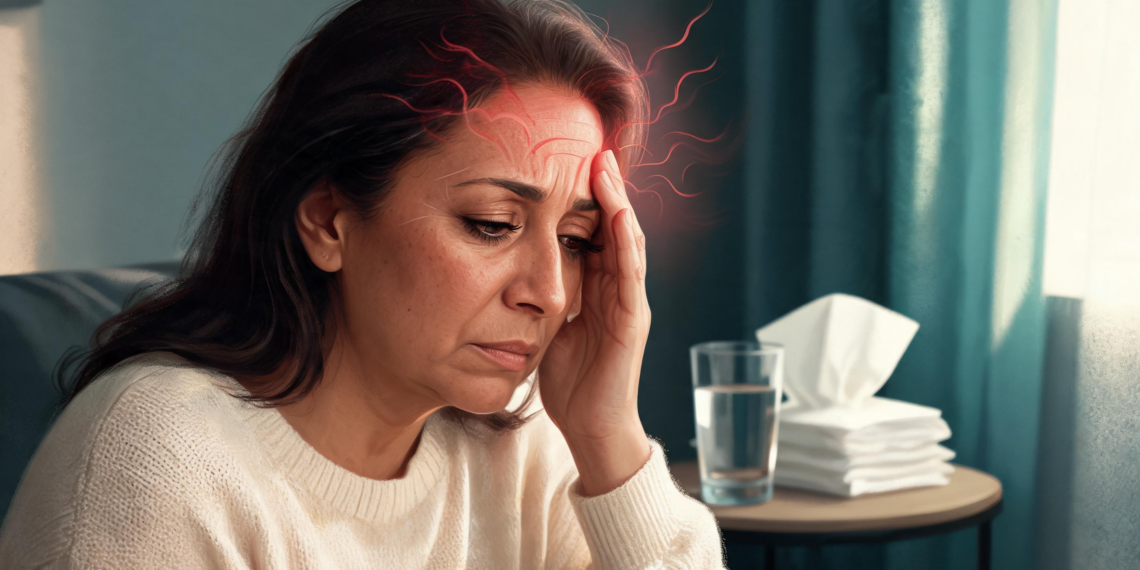 Mujer con expresión de dolor tocando su frente y sien, representando la presión facial y el dolor de cabeza asociados a la sinusitis.