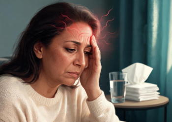 Mujer con expresión de dolor tocando su frente y sien, representando la presión facial y el dolor de cabeza asociados a la sinusitis.