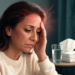 Mujer con expresión de dolor tocando su frente y sien, representando la presión facial y el dolor de cabeza asociados a la sinusitis.