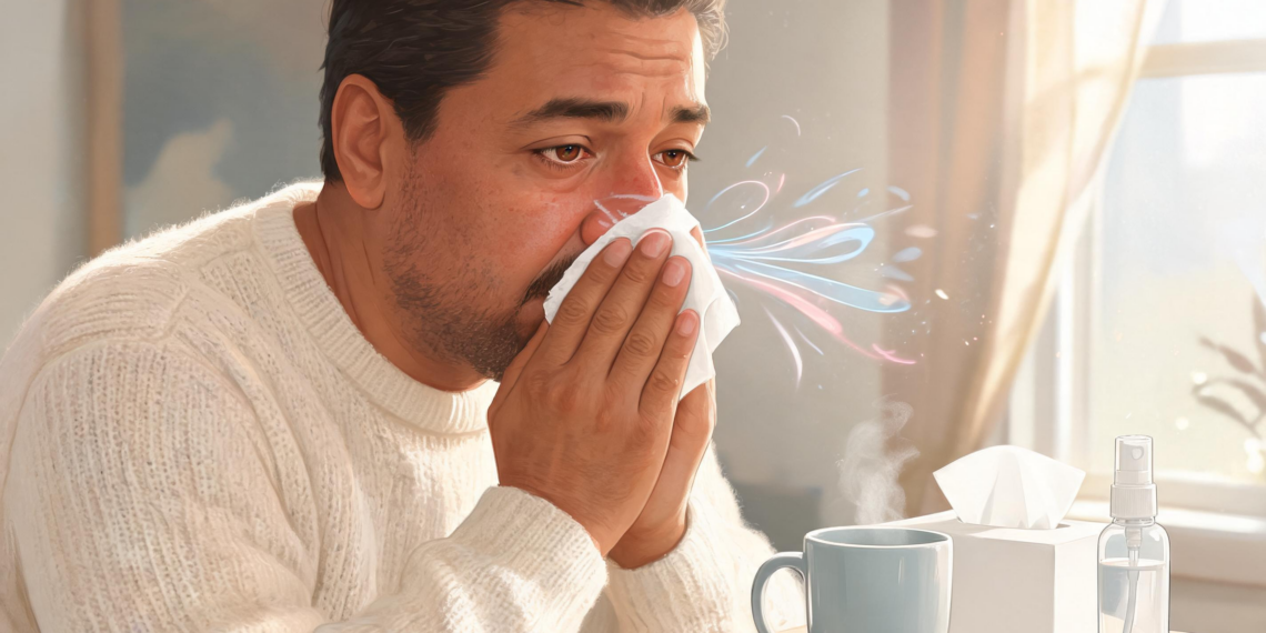 Hombre con suéter blanco limpiándose la nariz con un pañuelo frente a una taza humeante, representando los síntomas de congestión y resfriado.