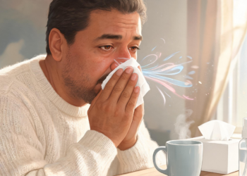 Hombre con suéter blanco limpiándose la nariz con un pañuelo frente a una taza humeante, representando los síntomas de congestión y resfriado.