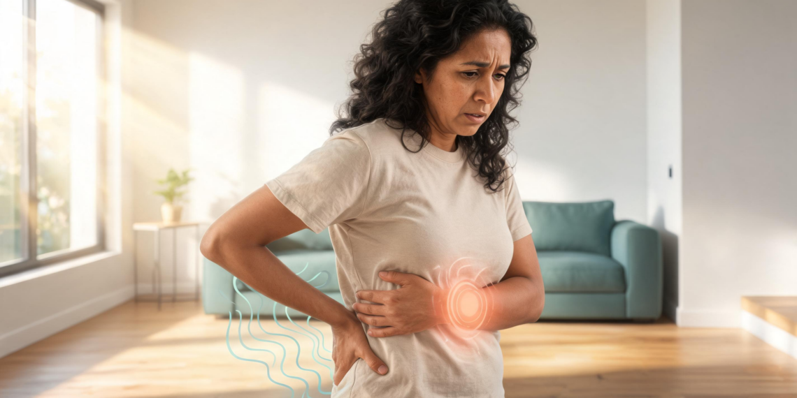 Mujer con expresión de malestar sosteniéndose la espalda baja y el costado en una sala iluminada, mostrando la diferencia entre molestia renal y muscular mediante gráficos luminosos.
