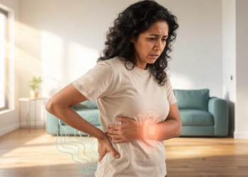 Mujer con expresión de malestar sosteniéndose la espalda baja y el costado en una sala iluminada, mostrando la diferencia entre molestia renal y muscular mediante gráficos luminosos.