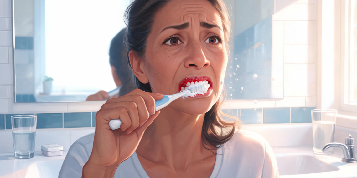 Una mujer con expresión de preocupación se cepilla los dientes frente al espejo, mostrando sangrado en las encías mezclado con la espuma blanca del dentífrico.