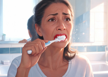 Una mujer con expresión de preocupación se cepilla los dientes frente al espejo, mostrando sangrado en las encías mezclado con la espuma blanca del dentífrico.