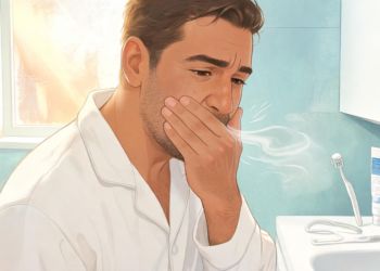 Hombre en pijama cubriéndose la boca con la mano en el baño frente a un vaho que representa el mal aliento por la mañana.