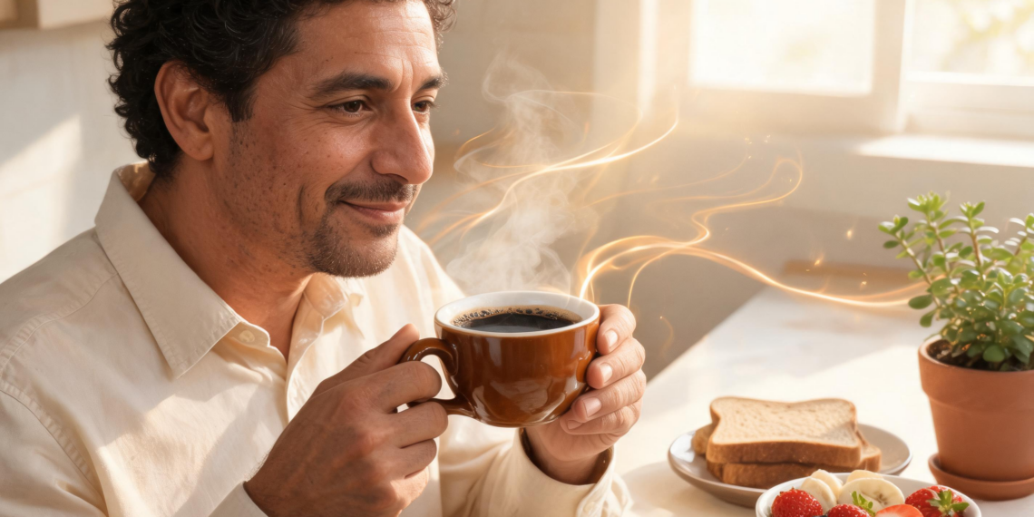 Hombre sonriente tomando una taza de café caliente durante el desayuno frente a un plato con tostadas y frutas, ilustrando los hábitos saludables y la longevidad.