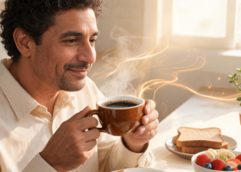 Hombre sonriente tomando una taza de café caliente durante el desayuno frente a un plato con tostadas y frutas, ilustrando los hábitos saludables y la longevidad.